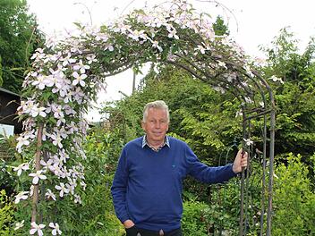Roland Betz unter dem Clematis-Bogen seines Gartens in der Fränkischen Schweiz. Foto: Roepert
