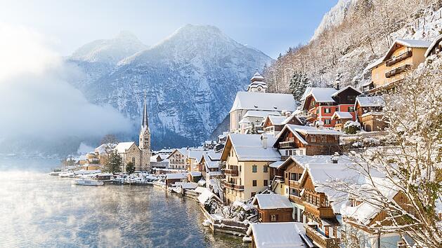 Classic view of Hallstatt in winter, Salzkammergut, Austria