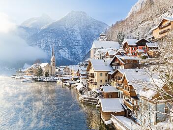 Classic view of Hallstatt in winter, Salzkammergut, Austria