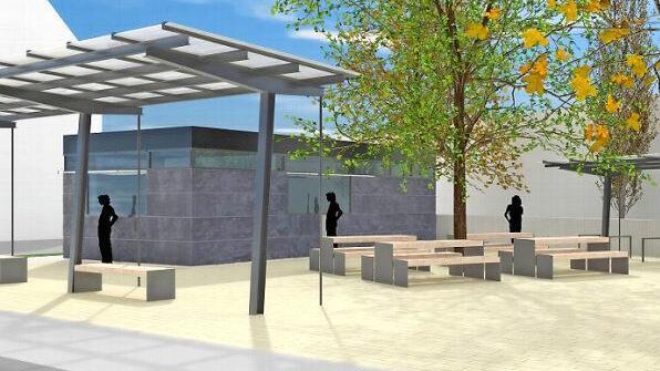 So k&ouml;nnte der Platz mit dem Imbiss-Geb&auml;ude einmal aussehen. Animation: Stadt
