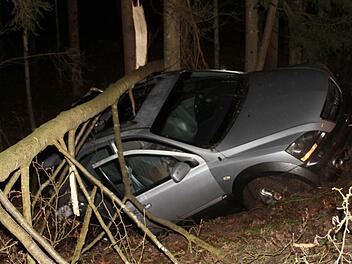 Viel Glück war im Spiel bei dem Unfall zwischen Breitbrunn und dem Ebelsbacher Gemeindeteil Gleisenau. Die vier jungen Frauen im Wagen trugen leichte Verletzungen davon. Ihr Wagen war in die Bäume am Straßenrand gekracht, nachdem er auf einer Eisplatte außer Kontrolle geriet.  Foto: Günther Geiling