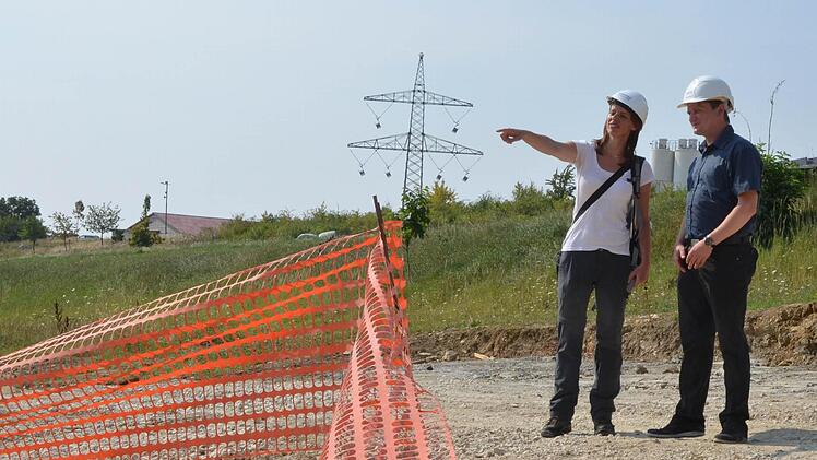 Petra Theile von der ökologischen Bauaufsicht am Maststandort 116 im Gespräch mit Tennet-Pressesprecher Markus Lieberknecht. Foto: Rainer Lutz
