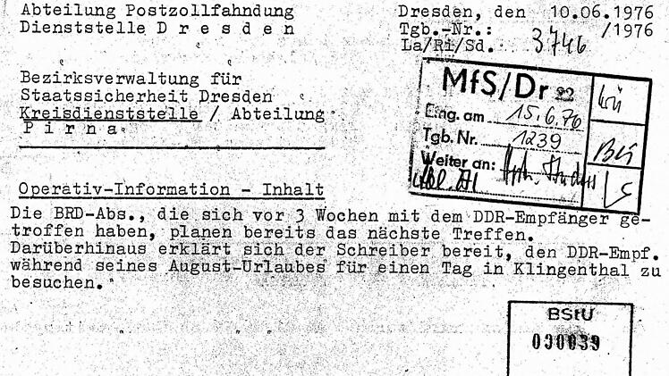 Bei der DDR-Staatssicherheit gab es einen Vorgang Eschenbacher/Riemann - hier ein Ausschnitt, freigegeben vom Bundesbeauftragten für die Stasi-Unterlagen (BStU).  Foto: privat