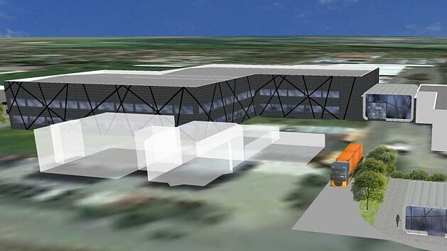 Die Robert Hofmann GmbH baut in östlicher Richtung an. Links in der grafischen Darstellung die (dunkleren) neuen Hallen, die entstehen sollen. Illu: Robert Hofmann GmbH