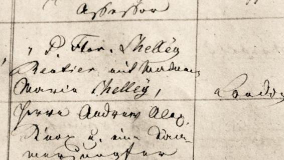 Originaleintrag in der Bad Kissinger Kurliste vom 20. Juni 1842 über Mary Shelleys Ankunft  Repro: Sigismund von Dobschütz