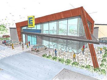 Eine zweigeschossige Glasfassade für den Cafébereich, eingefasst von Cortenstahl-Platten: So soll sich der neue Edeka-Markt zum Kanonenweg hin präsentieren. Mit Ulrich Müller zeichnet ein Coburger Architekt für die Planungen verantwortlich. Grafik: Ulrich Müller Architekten
