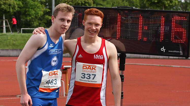 Die beiden Hauptdarsteller der diesjährigen Kreismeisterschaften. Niklas Wiethoff (TG Würzburg/links) und der in fantastischen 11,16 Sekunden über 100 Meter siegreiche Nick Przeliorz vom TSV Münnerstadt