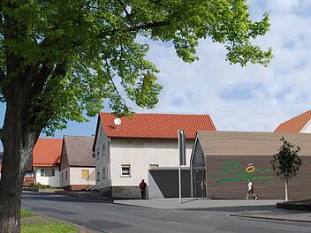 Das Modell vom Architekturbüro Gerber, Werneck, zeigt wie der Ausstellungspavillon sich künftig in das Sandberger Ortsbild einfügen könnte. (Foto: Architekturbüro Gerber)