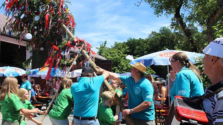 Mit Unterstützung von Bürgermeister Klaus Faatz (mit Strohhut) stellten die Waldeslust-Kids einen Kerwasbaum auf.
