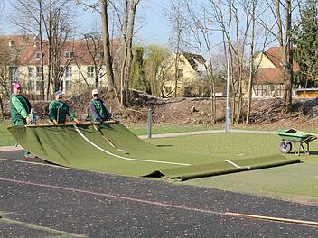Hauruck - mit gemeinsamen Kräften wurden die Kunstrasenmatten entfernt.