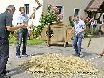 Mit Dreschflegeln bearbeiten die Männer aus Haidhof das am Boden liegende Getreide.  Fotos: Malbrich