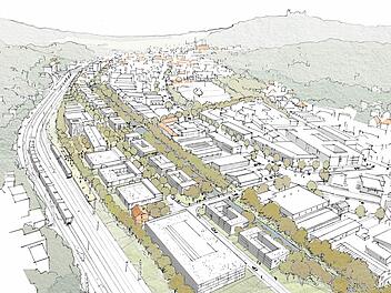 Wie das Güterbahnhof-Areal in Zukunft einmal aussehen könnte, zeigt dieser Entwurf: Firmengebäude und Parkhäuser im Süden (unterer Bildrand), ein zentraler Platz im Bereich der früheren Pakethalle, mit einer Fußgänger- und Radfahrerbrücke über die Itz zur Karchestraße. Für den Autoverkehr soll das Areal durch eine Brücke in Verlängerung der Ernst-Faber-Straße erschlossen werden. Grafik: Schirmer Architekten & Stadtplaner