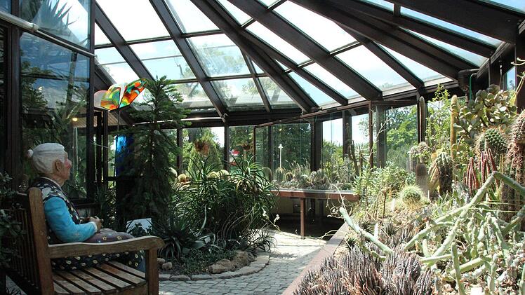 Einladend: Blick ins Coburger Palmenhaus. Die Besucherin Im Vordergrund ist übrigens immer da - sie ist ein Skulptur.Foto: Saskia Nauer.