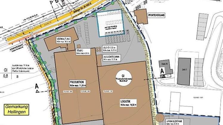 Der Lageplan vom Ingenieurbüro Kitzinger, Wülflingen, zeigt das neue Verwaltungsgebäude sowie die Produktions- und Lagergebäude im Bebauungsgebiet "Industriegebiet Fränkische-Werk West".