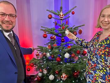 Landrat Sebastian Straubel und Marie Müller-Blech schmücken Ihren Baum mit Kugeln im Wert von 450 Euro. Hier zu sehen ist nur eine kleine Auswahl.