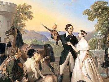 Ben Jaggia Raden Saleh (1811 bis 1880): "Ernst II. und Alexandrine nach der Jagd auf der Terrasse von Schloss Rosenau", Ölgemälde (1844). Gründlich restauriert ist das Gemälde aus München zurück gekehrt. Foto: Bayerische Schlösserverwaltung/Rainer Herrmann