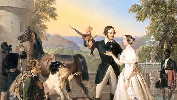 Ben Jaggia Raden Saleh (1811 bis 1880): "Ernst II. und Alexandrine nach der Jagd auf der Terrasse von Schloss Rosenau", Ölgemälde (1844). Gründlich restauriert ist das Gemälde aus München zurück gekehrt. Foto: Bayerische Schlösserverwaltung/Rainer Herrmann