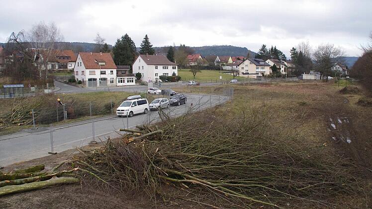 Auf dem Baugelände für das Feuerwehr-Großprojekt in der Rodacher Straße tut sich wieder etwas. Bäume wurden gefällt und in kleinere Teile zerlegt. Fotos: Marco Meißner