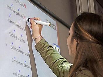 Eine Schülerin des Kronacher Kaspar-Zeuß-Gymnasiums beim Arbeiten an einem Whiteboard. Foto: Marco Meißner