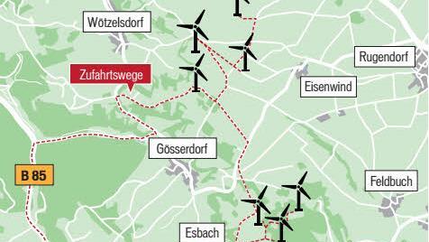 Beim Windpark Rugendorf sind  sieben Windräder geplant. Grafik: Michael Beetz