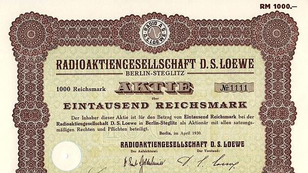 Eine Aktie über 1000 Reichsmark vom April 1930 mit der Unterschrift von David Ludwig Loewe. David Loewe gründete mit seinem Bruder Sigmund Loewe 1923 das Unternehmen in Berlin. Repro: Karl-Heinz Hofmann