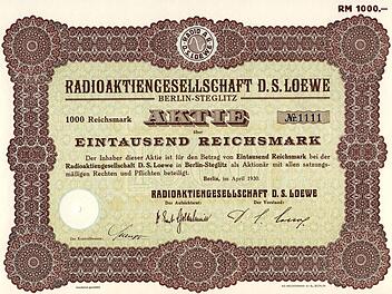 Eine Aktie über 1000 Reichsmark vom April 1930 mit der Unterschrift von David Ludwig Loewe. David Loewe gründete mit seinem Bruder Sigmund Loewe 1923 das Unternehmen in Berlin. Repro: Karl-Heinz Hofmann
