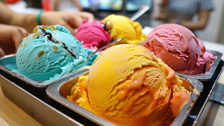 Eis, Speiseeis, Eiscreme, colorful ice cream in jumbo sizes, everyone eats Buntes Eis in Jumbo-Größe
