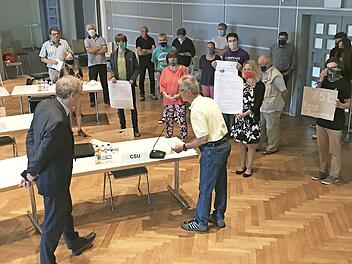 Bürgermeister German Hacker wurde vor der Stadtratssitzung ein Anforderungskatalog zum Klimaschutz übergeben.  Foto: Michael Busch