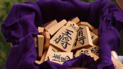 Die Shogi-Spielsteine sind aus Holz und haben gleiche Farbe und Form. Japanische Schriftzeichen geben ihre Funktion im Spiel an.