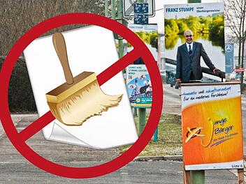 "Plakate verschandeln die Stadt", findet der Freie Bürgerblock (FBF). Foto: Hofbauer; Grafik: Beetz