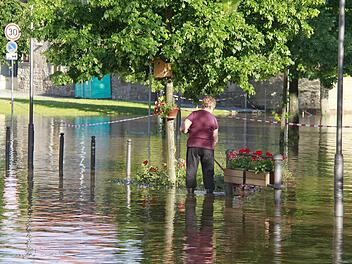 Land unter auf dem Parkplatz Gries in Haßfurt: Hier weichen wie überall in den Orten am Main die Fluten zurück.  Foto: René Ruprecht