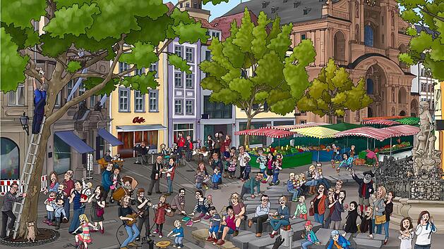 So sieht das Motiv Gr&uuml;ner Markt im Bamberger Wimmelbuch aus. Auch H&uuml;bscher-Gesch&auml;ftsf&uuml;hrer J&uuml;rgen Reichert ist ganz links an der Leiter zu sehen. Ende Oktober soll das Buch in den Handel kommen.  Illustration: Schanz und Partner