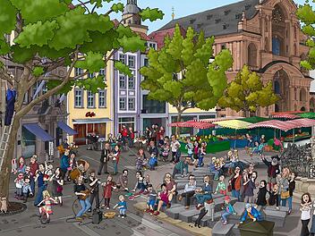 So sieht das Motiv Grüner Markt im Bamberger Wimmelbuch aus. Auch Hübscher-Geschäftsführer Jürgen Reichert ist ganz links an der Leiter zu sehen. Ende Oktober soll das Buch in den Handel kommen.  Illustration: Schanz und Partner