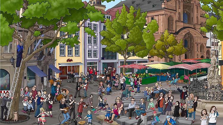 So sieht das Motiv Grüner Markt im Bamberger Wimmelbuch aus. Auch Hübscher-Geschäftsführer Jürgen Reichert ist ganz links an der Leiter zu sehen. Ende Oktober soll das Buch in den Handel kommen.  Illustration: Schanz und Partner