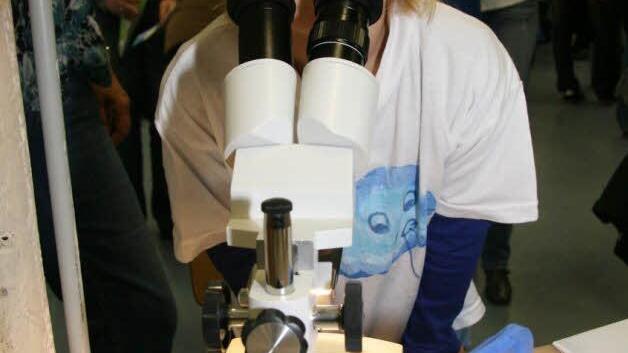 Nele Rüger mit dem Mikroskop. Foto: Adam