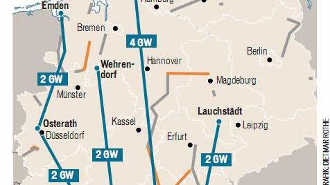 Die Grafik zeigt die Grobplanung für die vier neuen Korridore der Hochspannungs-Gleichstrom-Übertragung (HGÜ)
