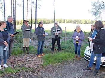 Revierförster Wolfgang Meiners, Bürgermeister Wolfram Thein und Forstdirektor Jürgen Hahn (ab Dritter von links) mit Gemeinderäten beim Waldrundgang
