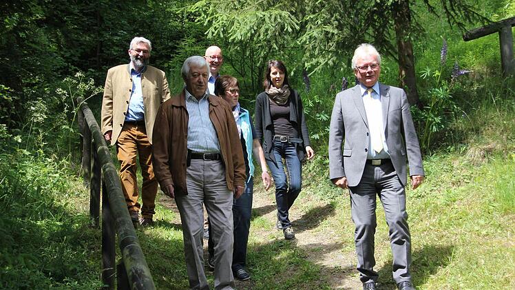Sie wandern auf dem Viceburgweg (von links): Peter Hagemann vom Forstbetrieb Rothenkirchen, Frankenwaldverein-Hauptvorsitzender Robert Strobel, Gerhard Müller vom Forstbetrieb Nordhalben, Frankenwaldverein-Geschäftsführerin Marlene Roßner, Manuela Wich, die das Wanderheim Viceburg betreut, sowie Zweiter Frankenwaldverein-Vorsitzender und Bürgermeister Dieter Frank. Foto: Friedwald Schedel