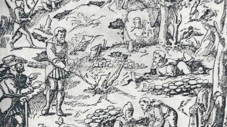 Wünschelrutengänger suchen Erzadern und Bergleute ziehen Suchgräben an den Hanglagen des Silberberges (nach Agricola).