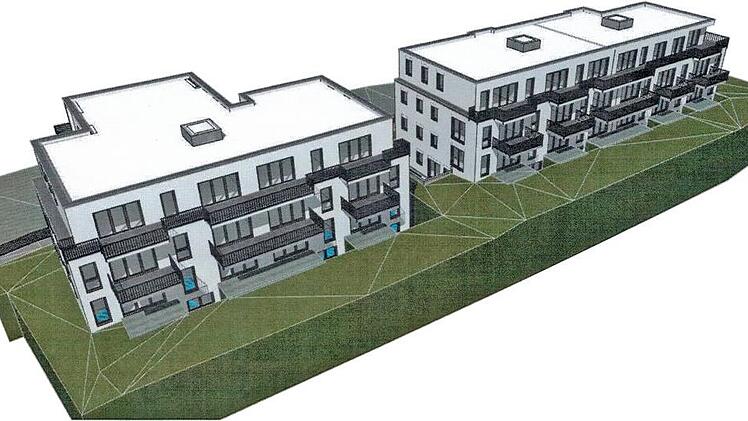 An Stelle des  ehemaligen Gasthauses in Etzelskirchen entstehen diese drei Mehrfamilienhäuser.  Illustration: FCF Wohnbau-GmbH