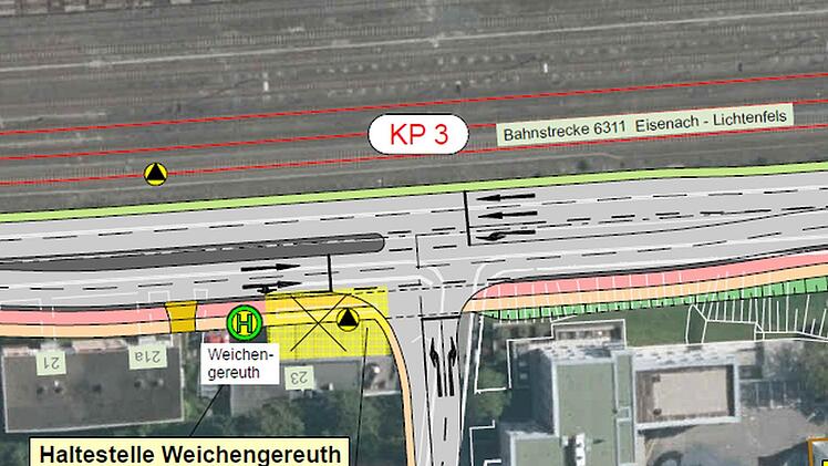 Detail aus dem Ausbaukonzept des Staatlichen Bauamts Bamberg für die B4 in Coburg: An der Samuel-Schmidt-Straße würde eine Ampel den Verkehr regeln. Grafik: Staatliches Bauamt Bamberg/Gemeinde Ahorn