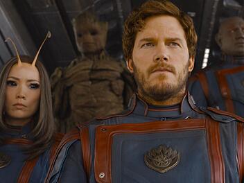 Im letzten Teil der "Guardians of the "Galaxy-Reihe stellen sich Mantis (Pom Klementieff, vorne links), Groot (hinten links, gesprochen von Vin Diesel), Star-Lord (Chris Pratt, Mitte), Nebula (Karen Gillan, vorne rechts) und Drax (Dave Bautista, hinten rechts) ihrem wohl gr&ouml;&szlig;ten Kampf.