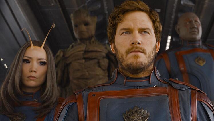 Im letzten Teil der "Guardians of the "Galaxy-Reihe stellen sich Mantis (Pom Klementieff, vorne links), Groot (hinten links, gesprochen von Vin Diesel), Star-Lord (Chris Pratt, Mitte), Nebula (Karen Gillan, vorne rechts) und Drax (Dave Bautista, hinten rechts) ihrem wohl gr&ouml;&szlig;ten Kampf.