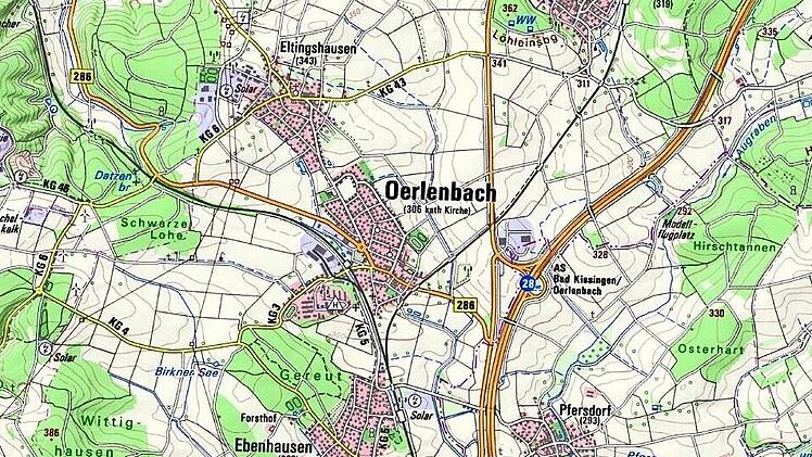 Eine aktuelle Kartenansicht vom Raum Oerlenbach