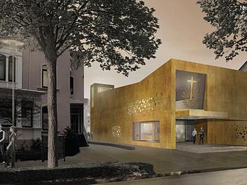 Der Architektenentwurf für den Neubau der Neuapostolischen Kirche sieht eine goldgelbe Fassade vor. Quelle: Stephan Pfäffle/Foto: C. Winter