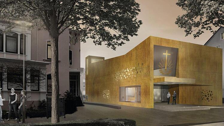 Der Architektenentwurf für den Neubau der Neuapostolischen Kirche sieht eine goldgelbe Fassade vor. Quelle: Stephan Pfäffle/Foto: C. Winter