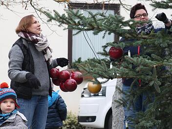 Silke Angermüller (links), Diana Horn und viele fleißige Helfer kümmerten sich um den Weihnachtsschmuck am Eichaer Ortseingang. Fotos: Johannes Höllein