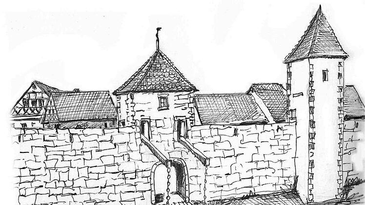 Das Schnellertor war eine Fallbrücke über den Stadtgraben. Die Zeichnung ist von Wolfgang Merklein.  Repro: Wolfgang Merklein