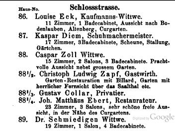 In der Schlossstrasse vermieteten die meisten Hausbesitzer Zimmer an Kurgäste. Kaufmanns-Wittwe Louise Eck zum Beispiel (ganz oben) hatte elf Zimmer und ein Bade-Cabinet.  Quelle: Google-Books/Repro: Britz