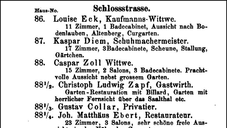 In der Schlossstrasse vermieteten die meisten Hausbesitzer Zimmer an Kurgäste. Kaufmanns-Wittwe Louise Eck zum Beispiel (ganz oben) hatte elf Zimmer und ein Bade-Cabinet.  Quelle: Google-Books/Repro: Britz